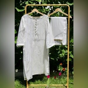 White and Gold Organza Embroidered Salwar Suit